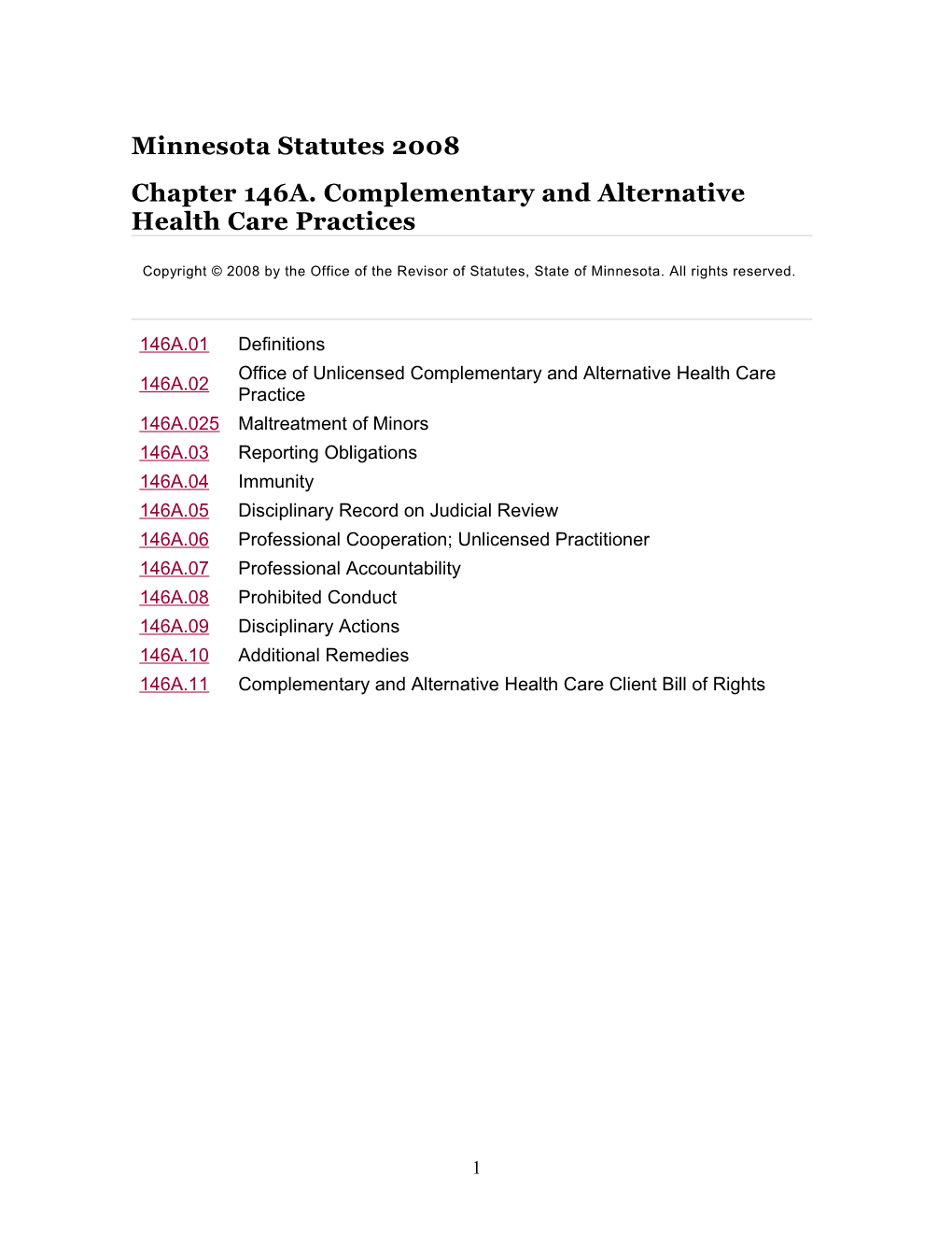Chapter 146A. Complementary and Alternative Health Care Practices