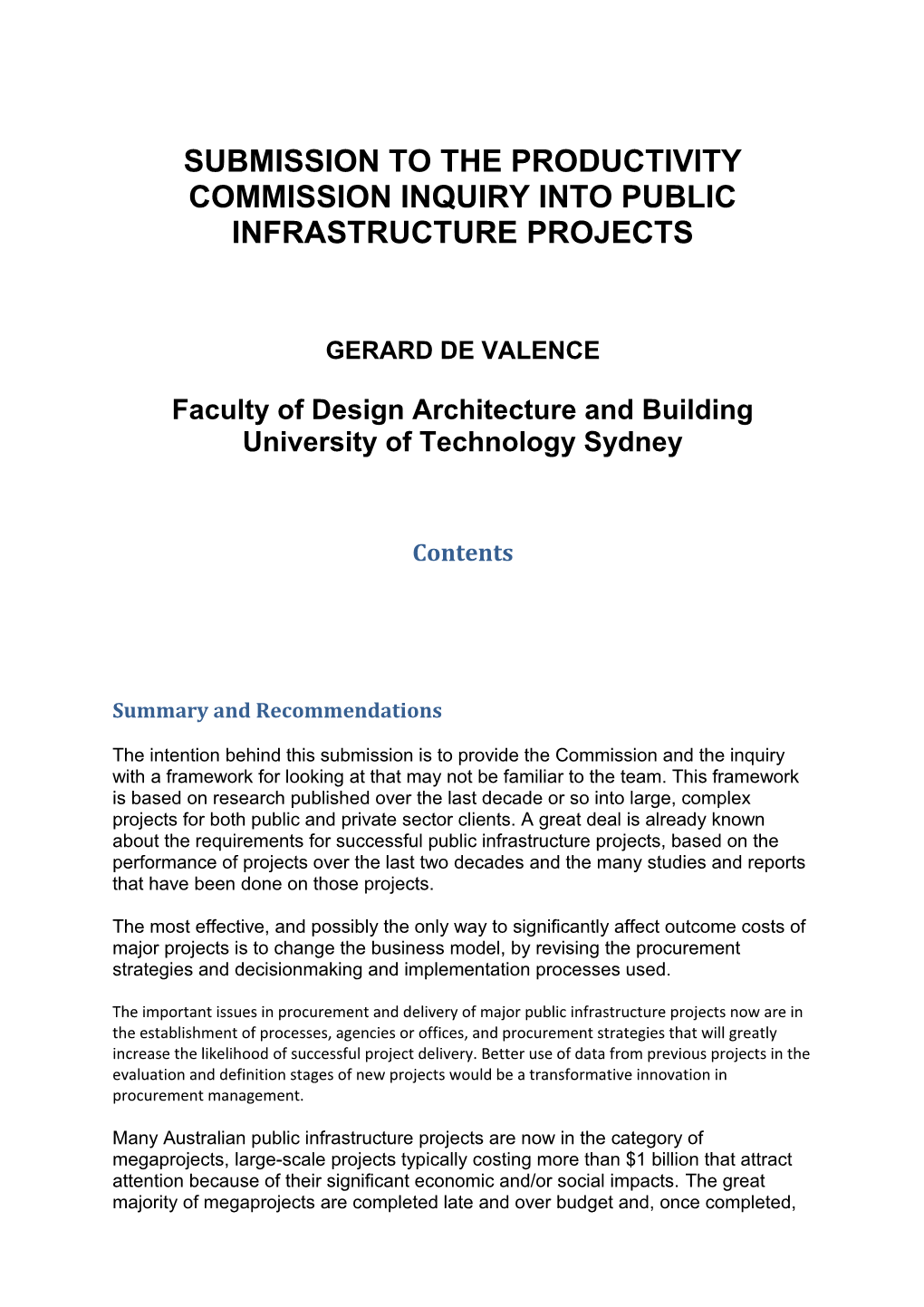 Submission 16 - Gerard De Valence - Public Infrastucture Public Inquiry