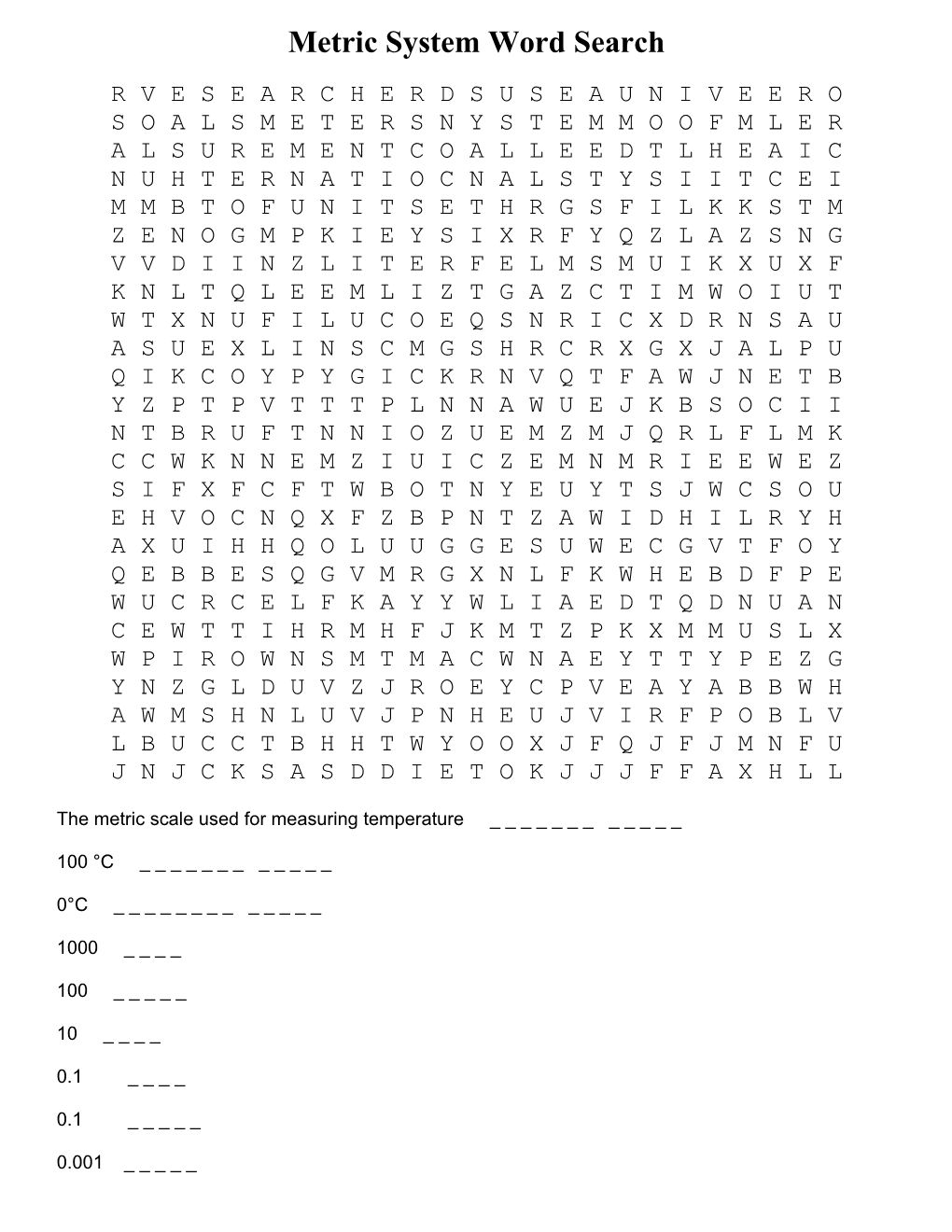Metric System Word Search