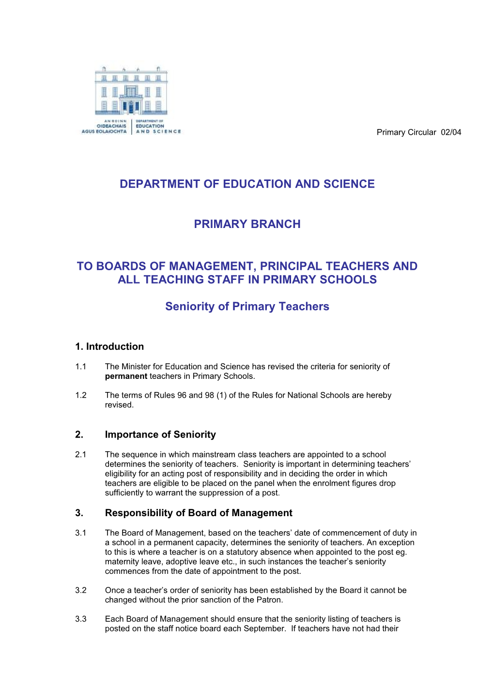 Primary Circular 02/04 - Seniority of Primary Teachers (File Format Word 34KB)