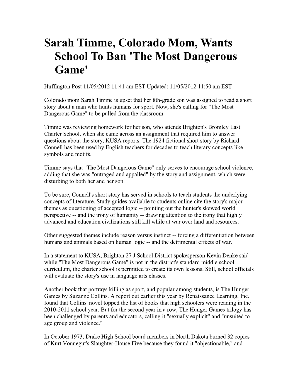 Sarah Timme, Colorado Mom, Wants School to Ban 'The Most Dangerous Game'