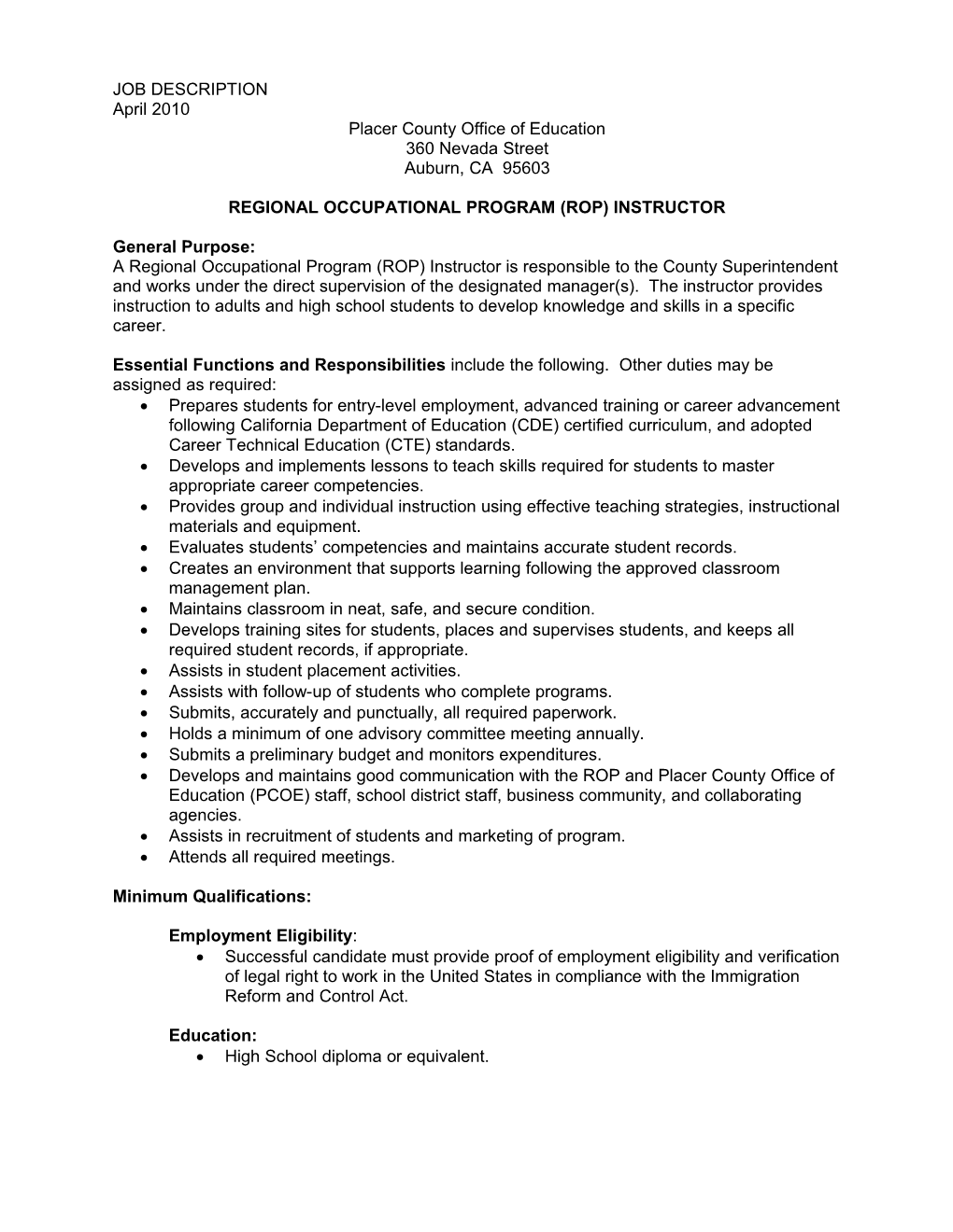 Regional Occupational Program (Rop) Instructor