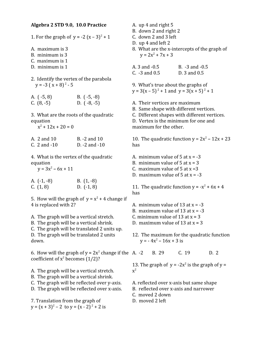 Algebra 2 STD 9.0, 10.0 Practice
