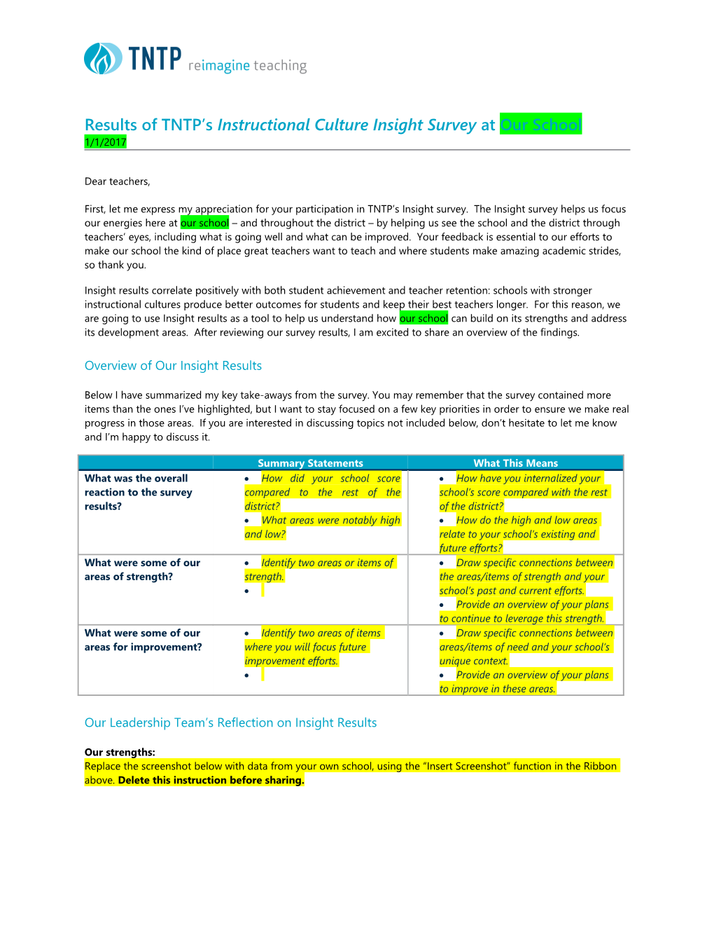 Results MK1 of TNTP S Instructional Culture Insight Survey at Our School