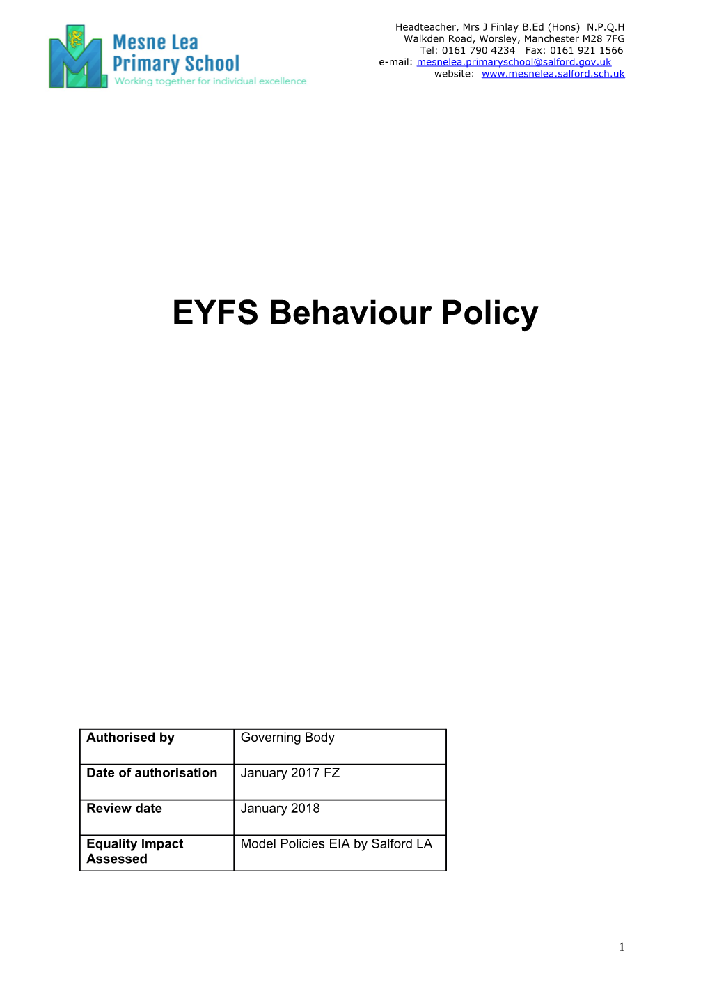 Mesnelea Early Years Foundation Stage (EYFS) Behaviour Policy