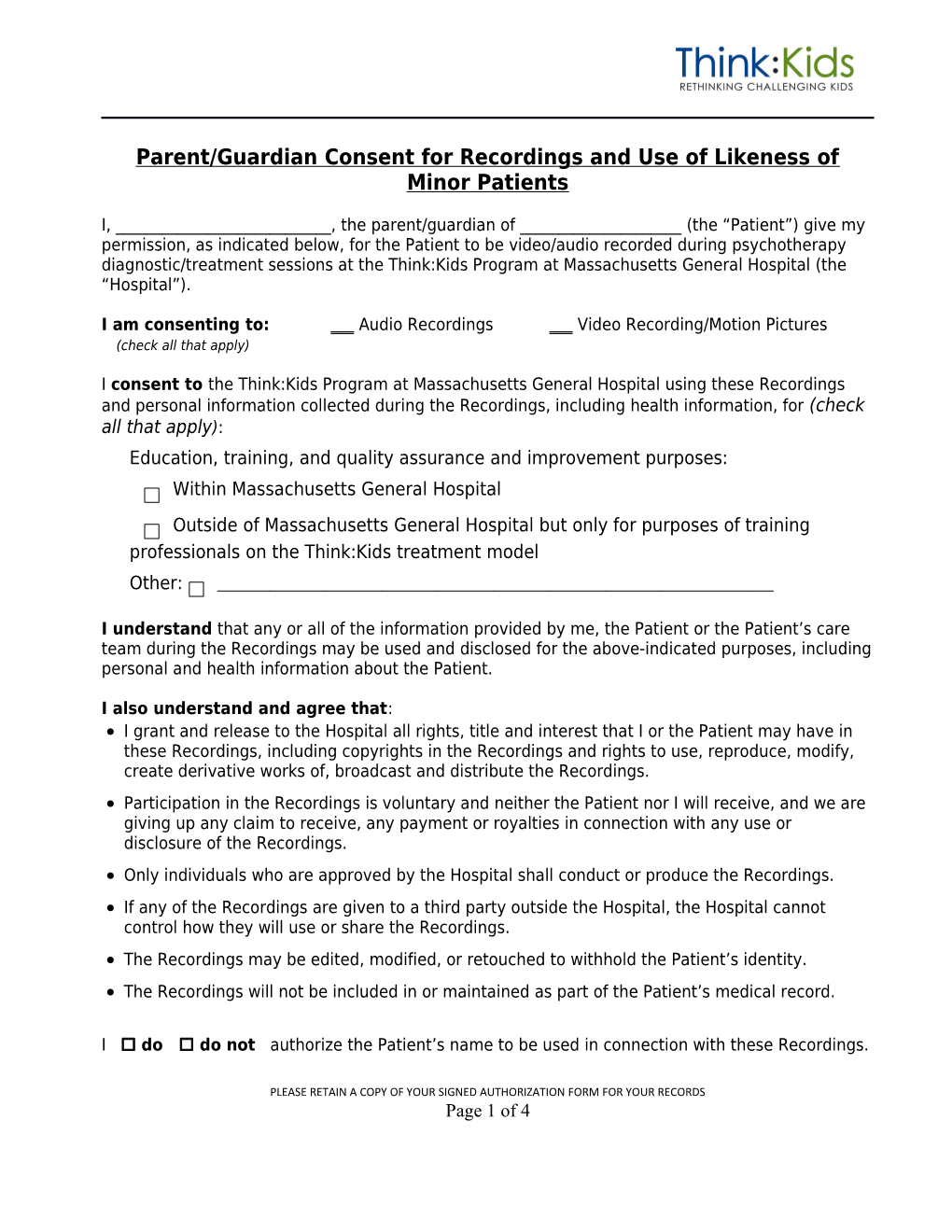 Parent/Guardian Consent for Recordings and Use of Likeness of Minor Patients