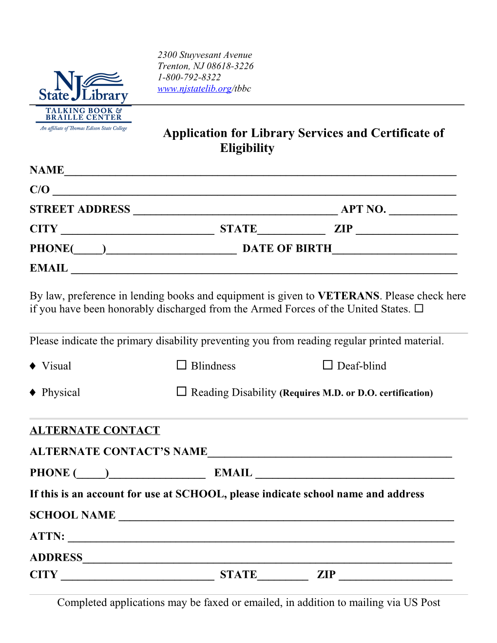 Application for Library Services and Certificate of Eligibility
