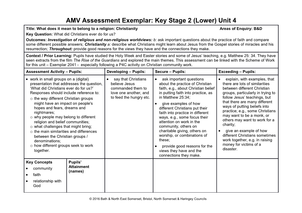 AMV Assessment Exemplar: Key Stage 2 (Lower) Unit 4