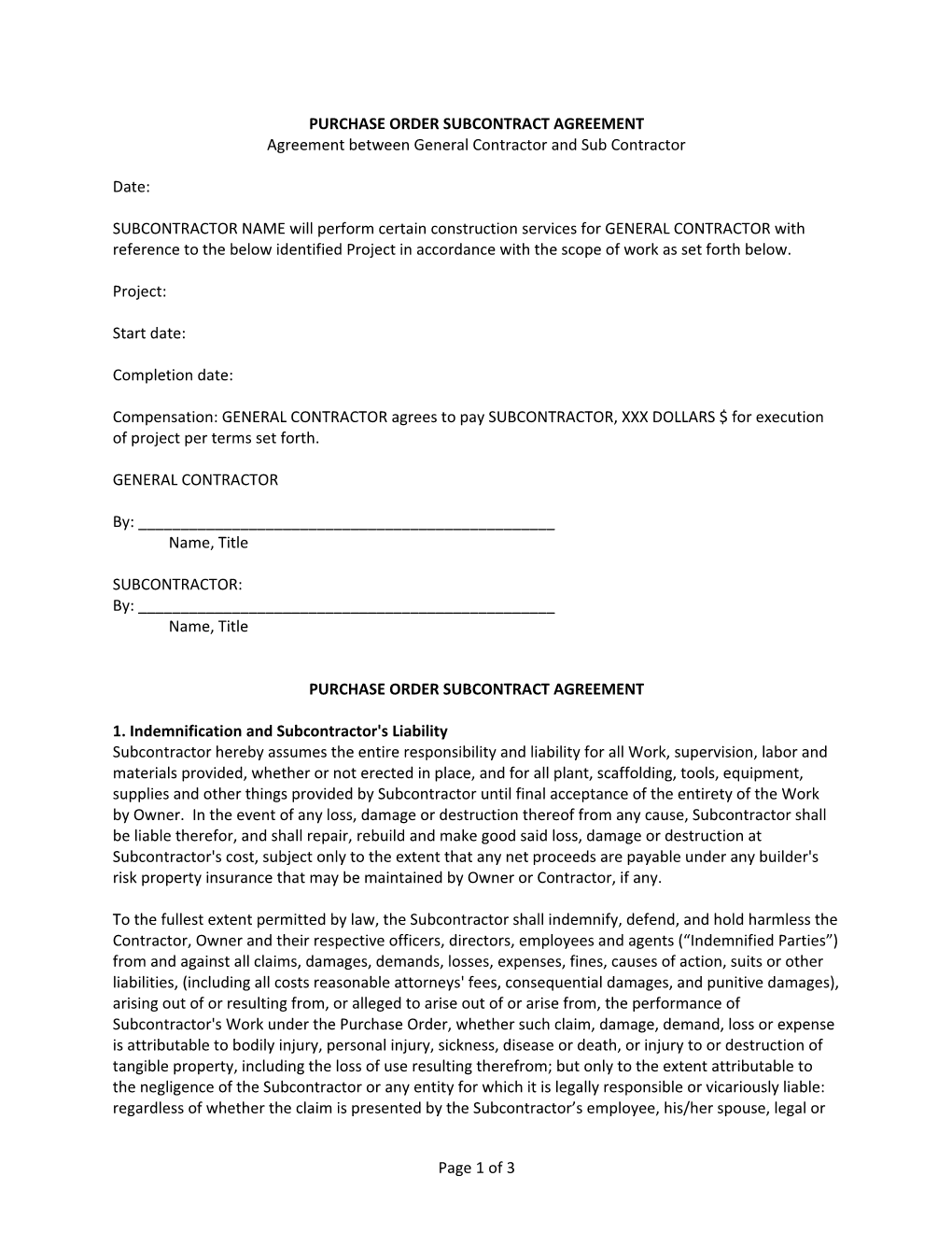 Purchase Order Subcontract Agreement