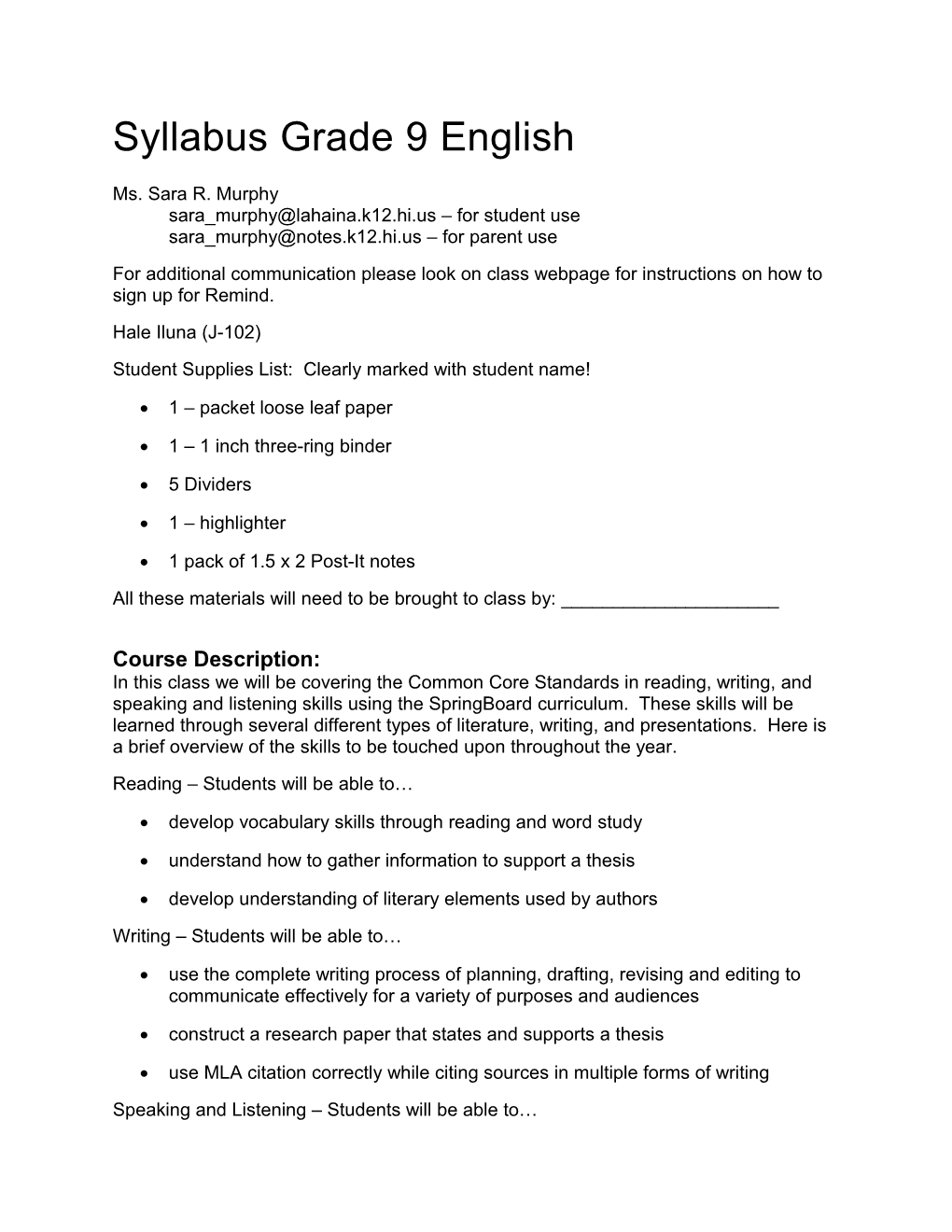 Syllabus Grade 9 English