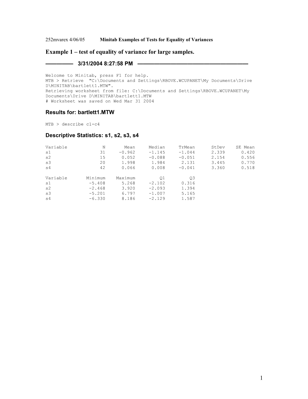 Example 1 Test of Equality of Variance for Large Samples