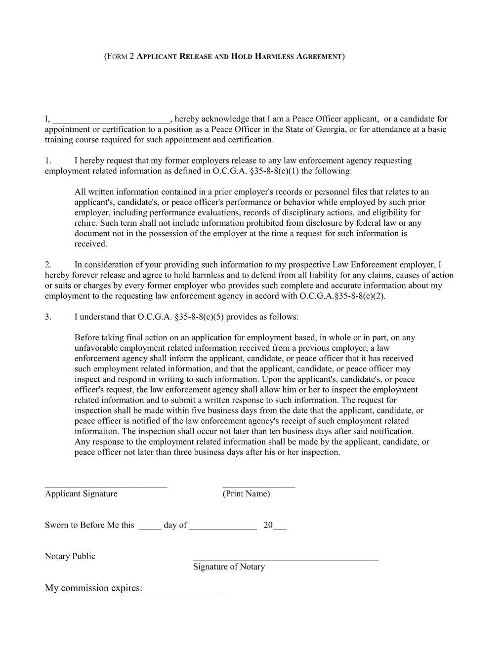 Form 2 Applicant Release and Hold Harmless Agreement