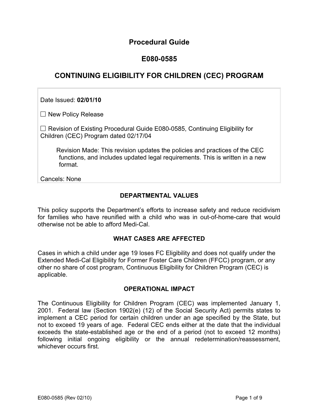 E080-0585, Continuing Eligibility For Children (CEC) Program