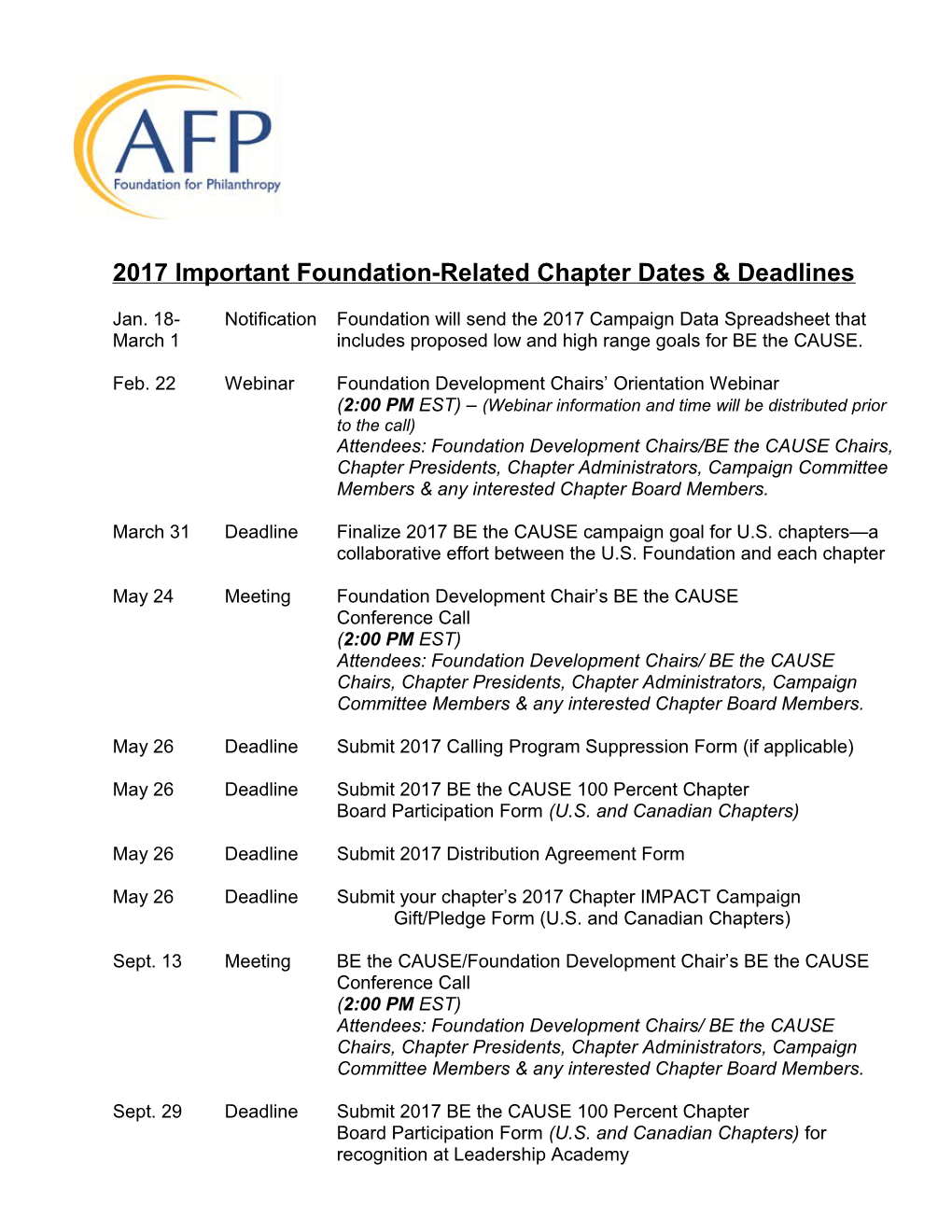 2017 Important Foundation-Related Chapter Dates & Deadlines