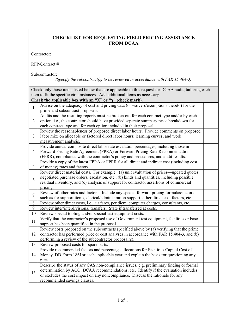 Checklist For Requesting Field Pricing Assistance From Dcaa