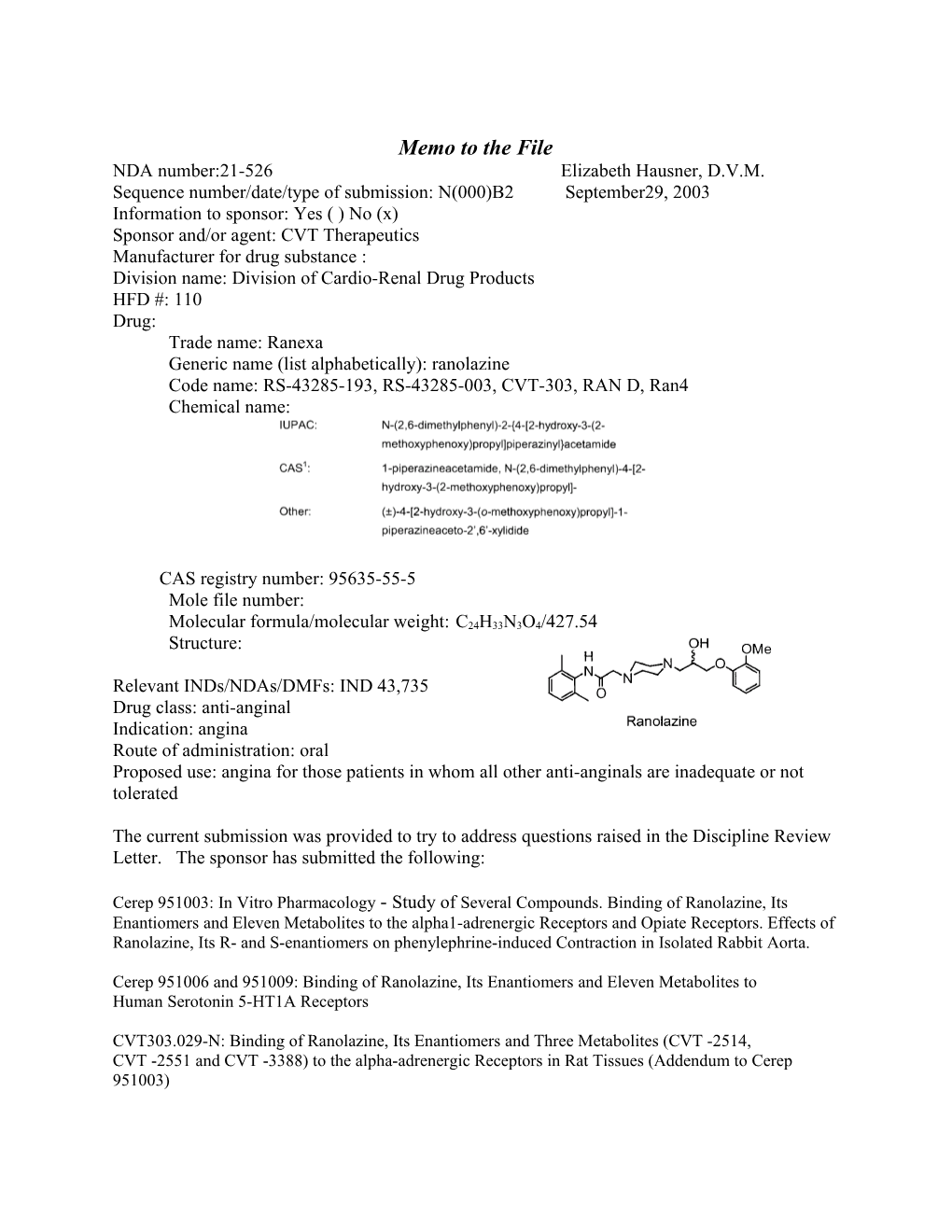 Pharmacology/Toxicology Cover Sheet