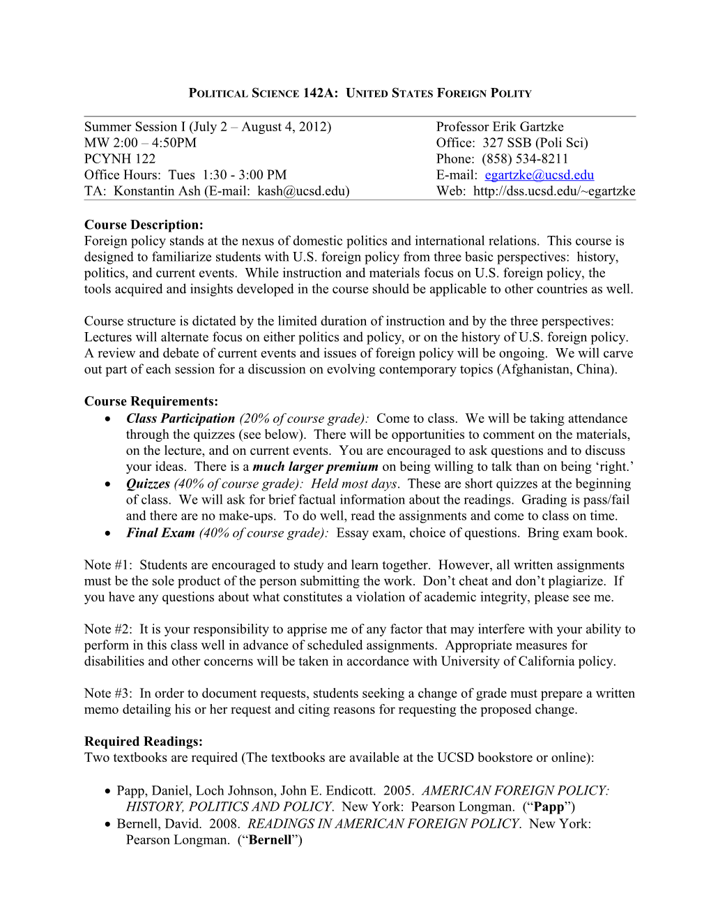 Political Science 142A: United States Foreign Polity