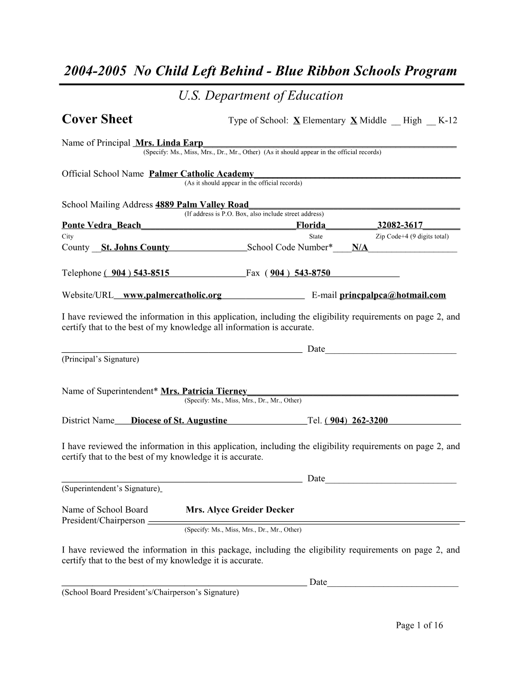 Palmer Catholic Academy Application: 2004-2005, No Child Left Behind - Blue Ribbon Schools