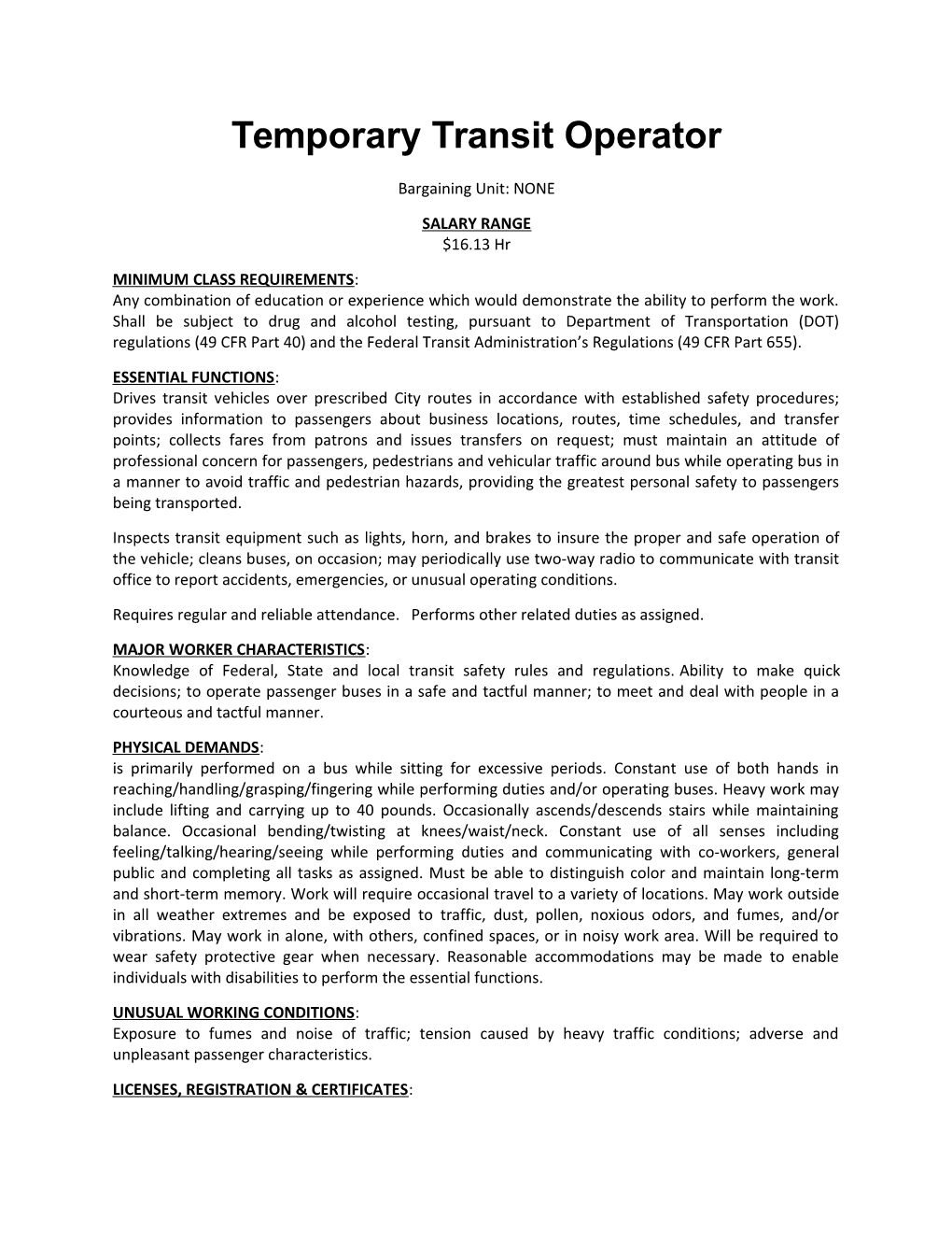 Temporary Transit Operator
