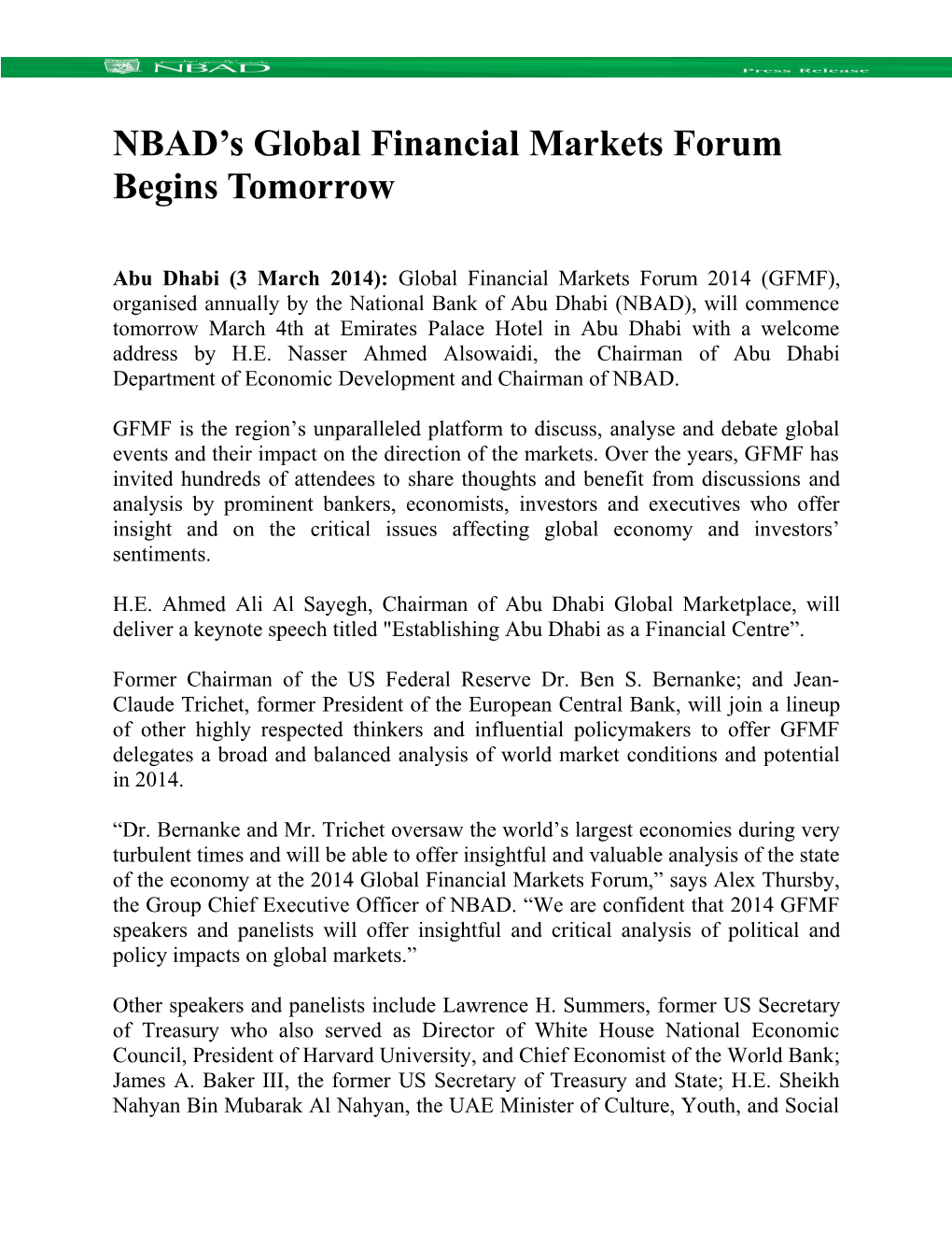 NBAD S Global Financial Markets Forum Begins Tomorrow