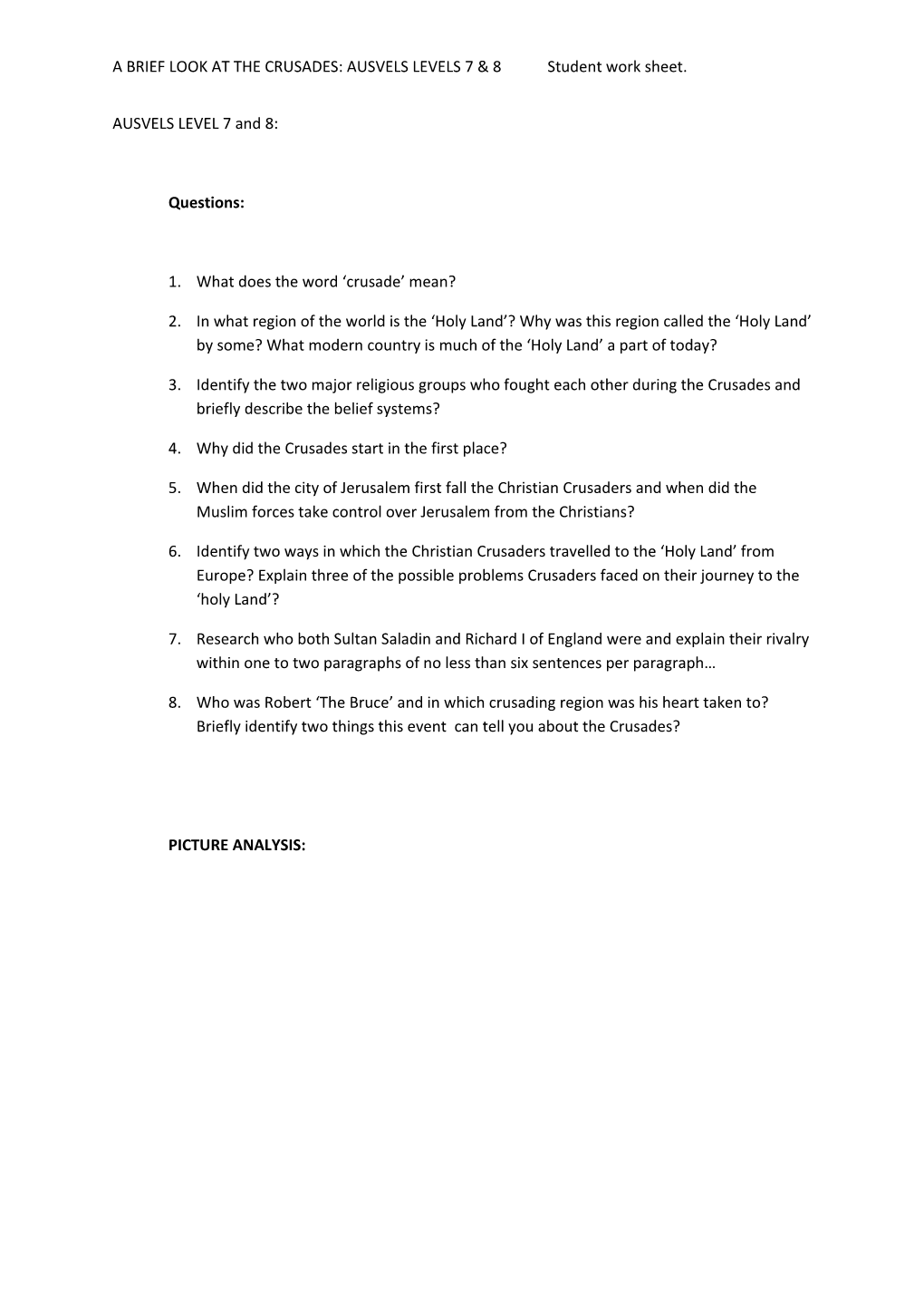 A BRIEF LOOK at the CRUSADES: AUSVELS LEVELS 7 & 8 Student Work Sheet