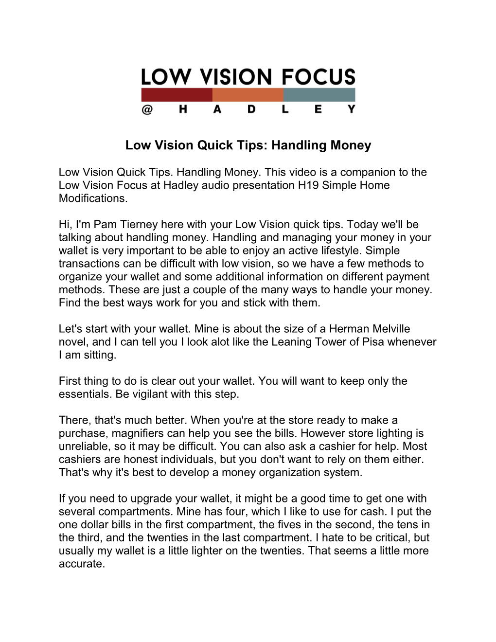 Low Vision Quick Tips: Handling Money