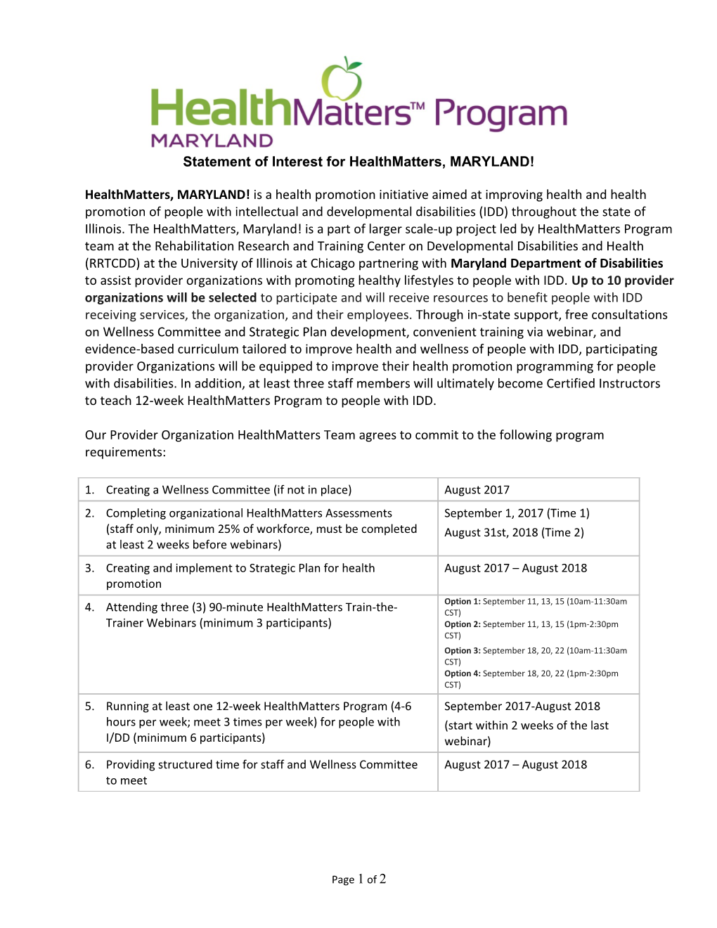 Statement of Interest for Healthmatters, MARYLAND!