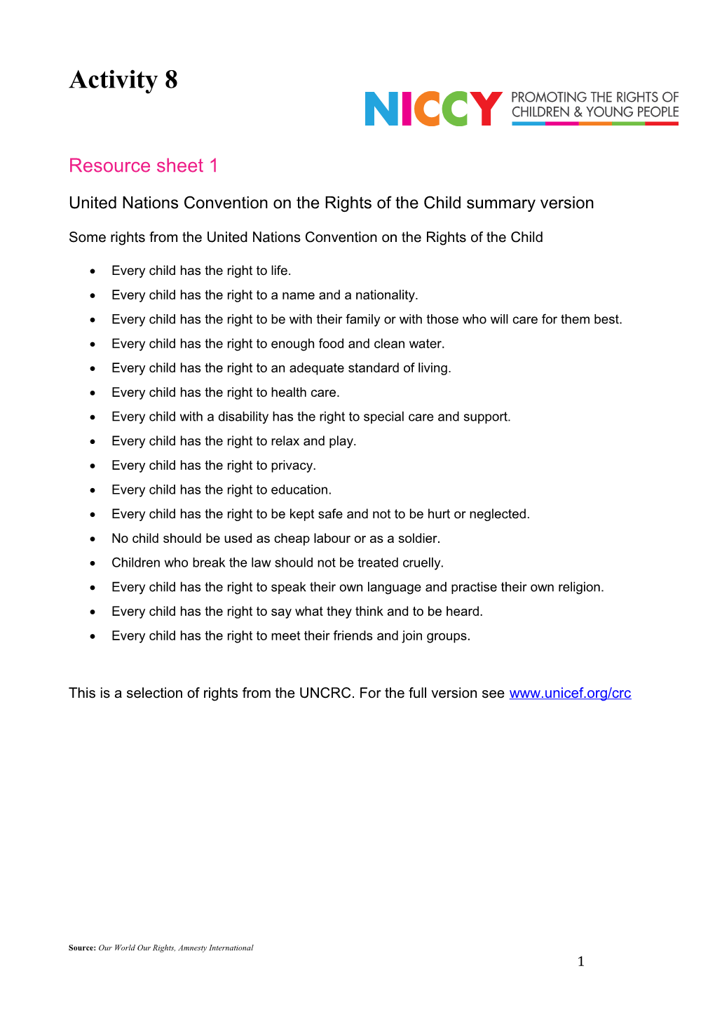 United Nations Convention on the Rights of the Child Summary Version
