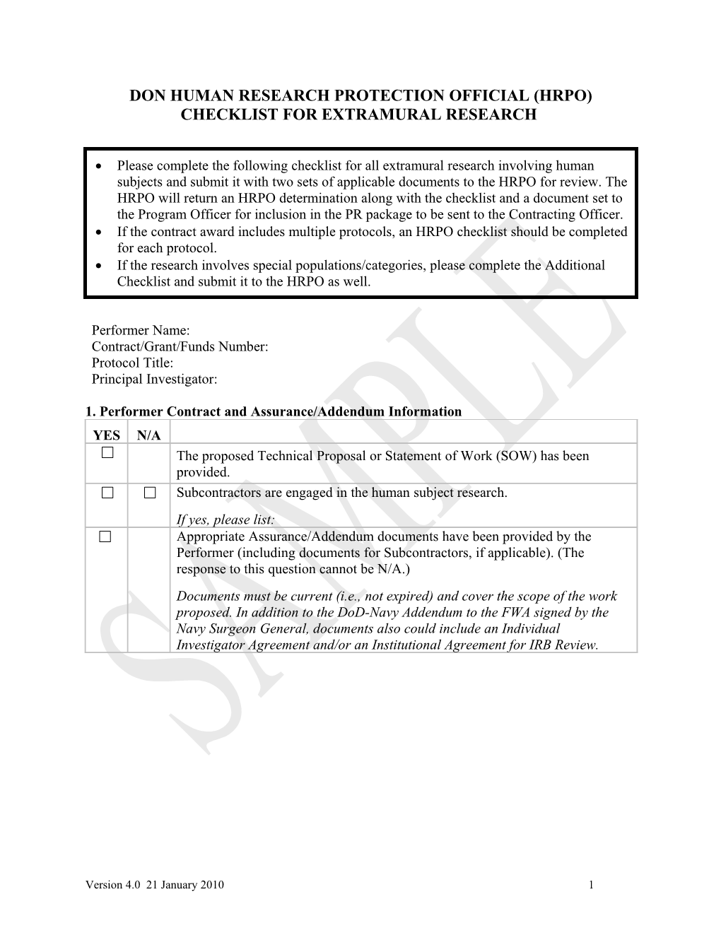 DON Human Research Protection Official (HRPO) Checklist for EXTRAMURAL RESEARCH