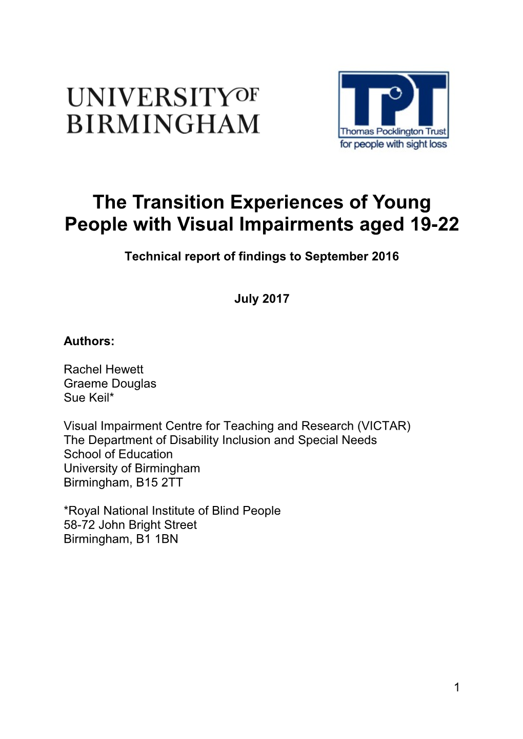 The Transition Experiences of Young People with Visual Impairments Aged 19-22