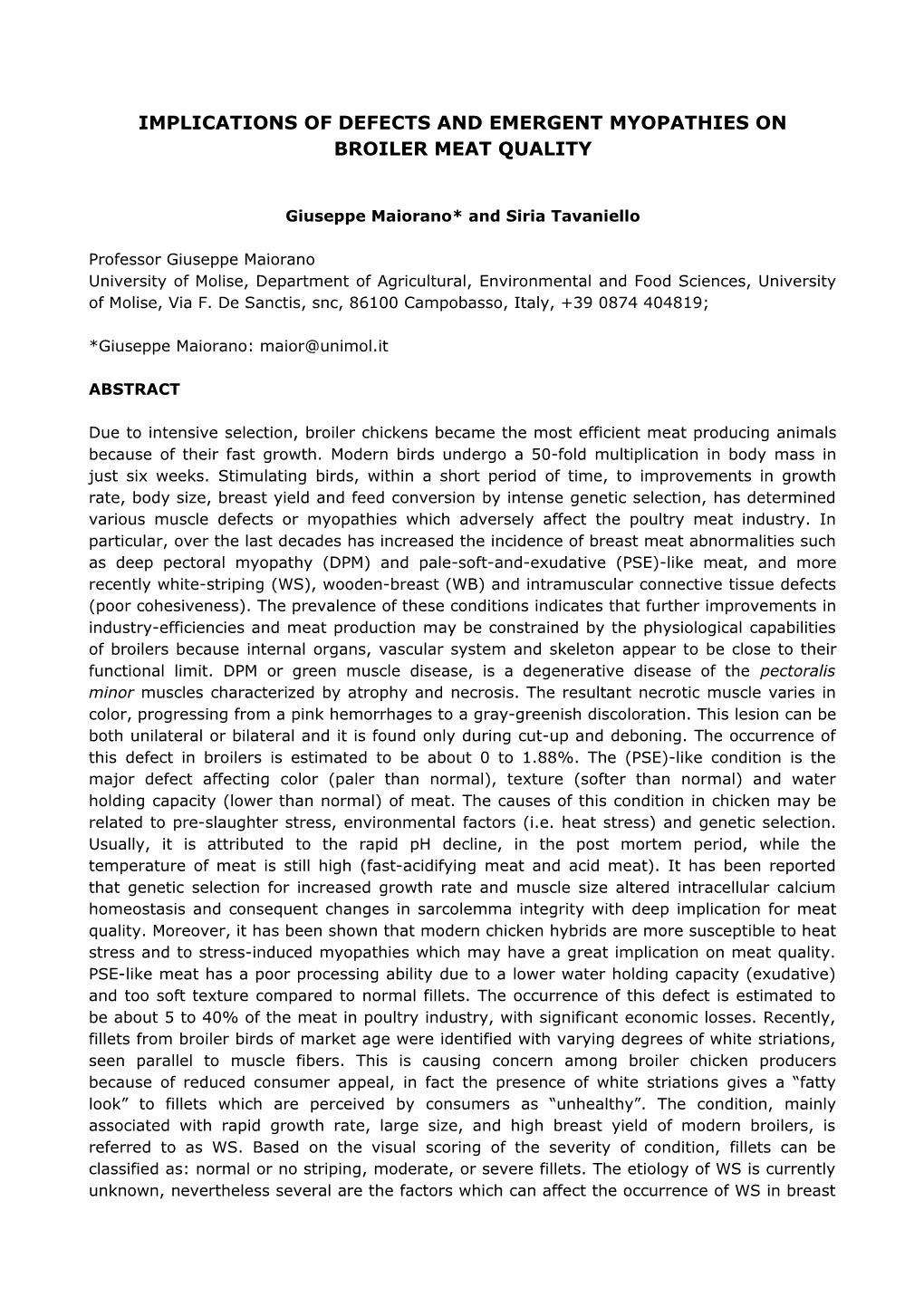 Implications of Defects and Emergent Myopathies on Broiler Meat Quality