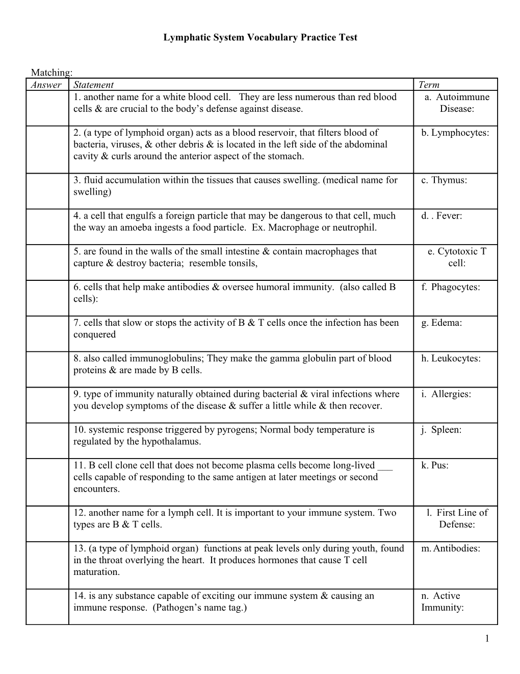 Lymphatic System Vocabulary Practice Test