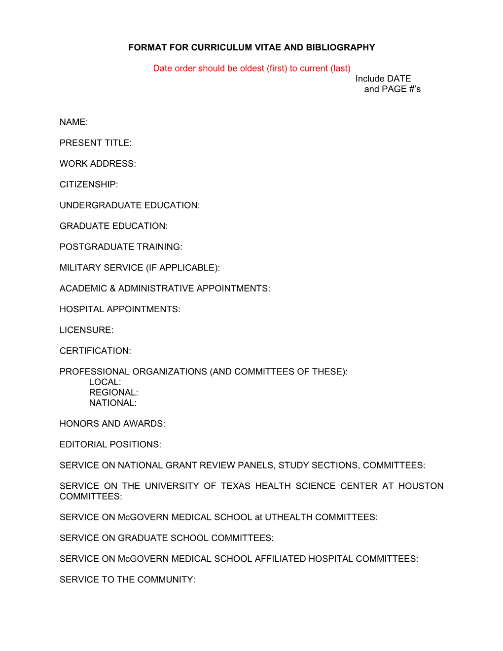 Format for Curriculum Vitae and Bibliography