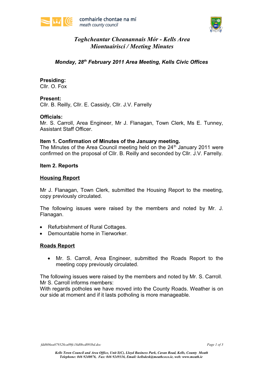 Monday, 28Th February 2011 Area Meeting, Kells Civic Offices