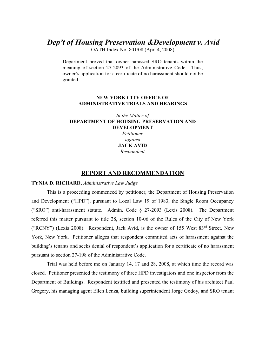 Dep T of Housing Preservation And