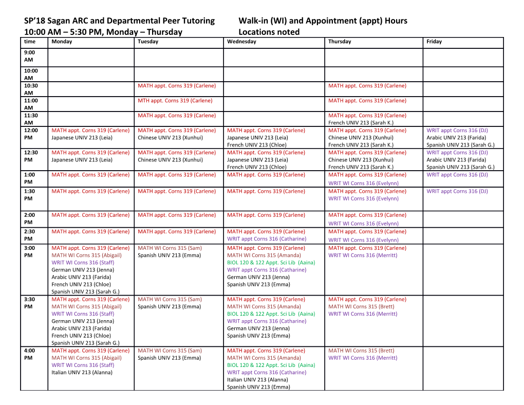 SP 18Sagan ARC and Departmental Peer Tutoringwalk-In (WI) and Appointment (Appt) Hours
