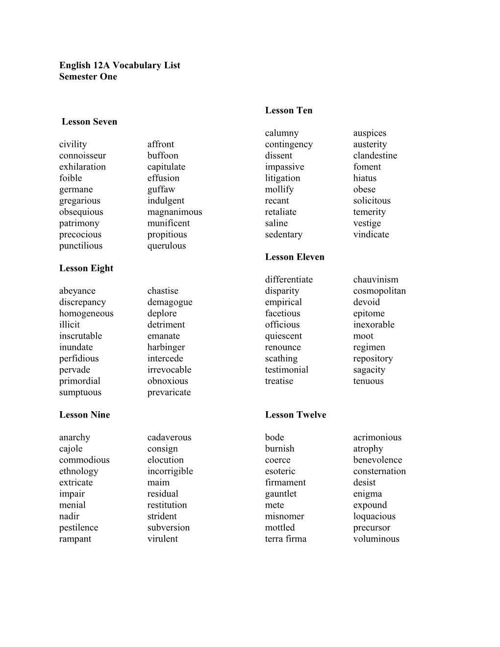 English 12A Vocabulary List