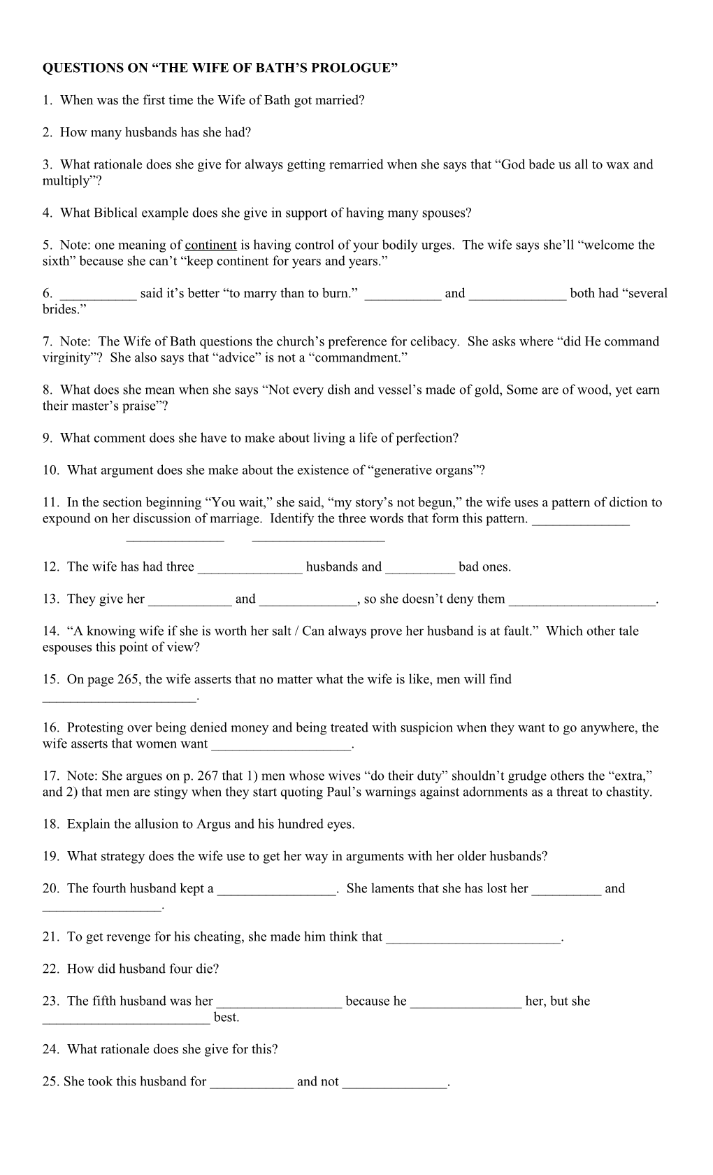 Study Guide on the Wife of Bath S Tale