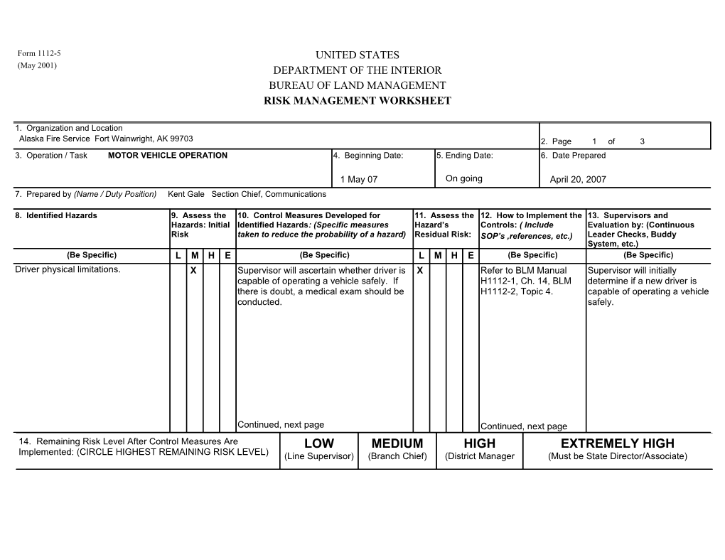 Blm Risk Management Worksheet