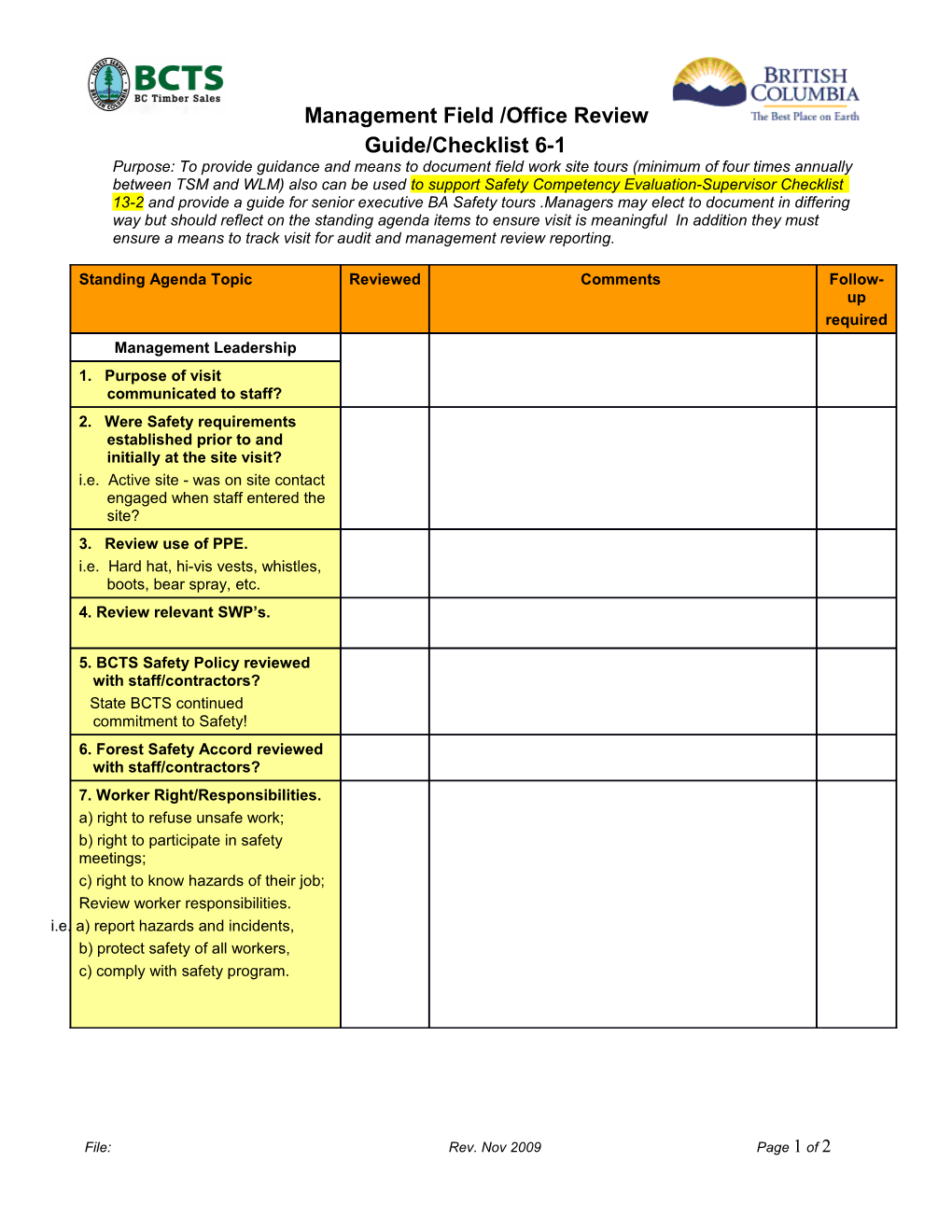 BCTS Management Review Checklist
