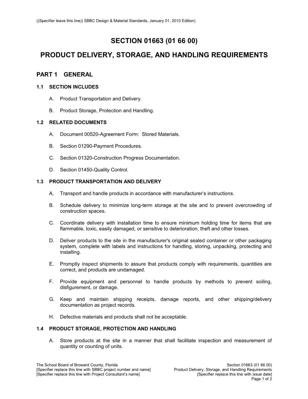 Product Delivery, Storage, and Handling Requirements