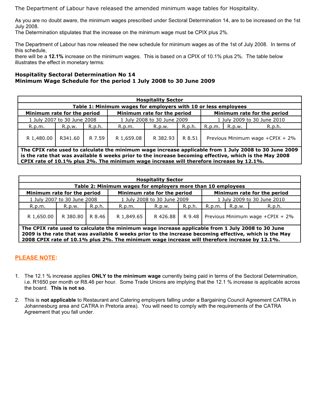 The Department of Labour Have Released the Amended Minimum Wage Tables for Hospitality