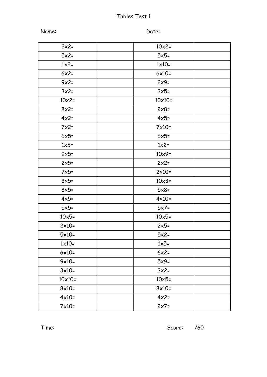 Tables Test 1 Answer Sheet