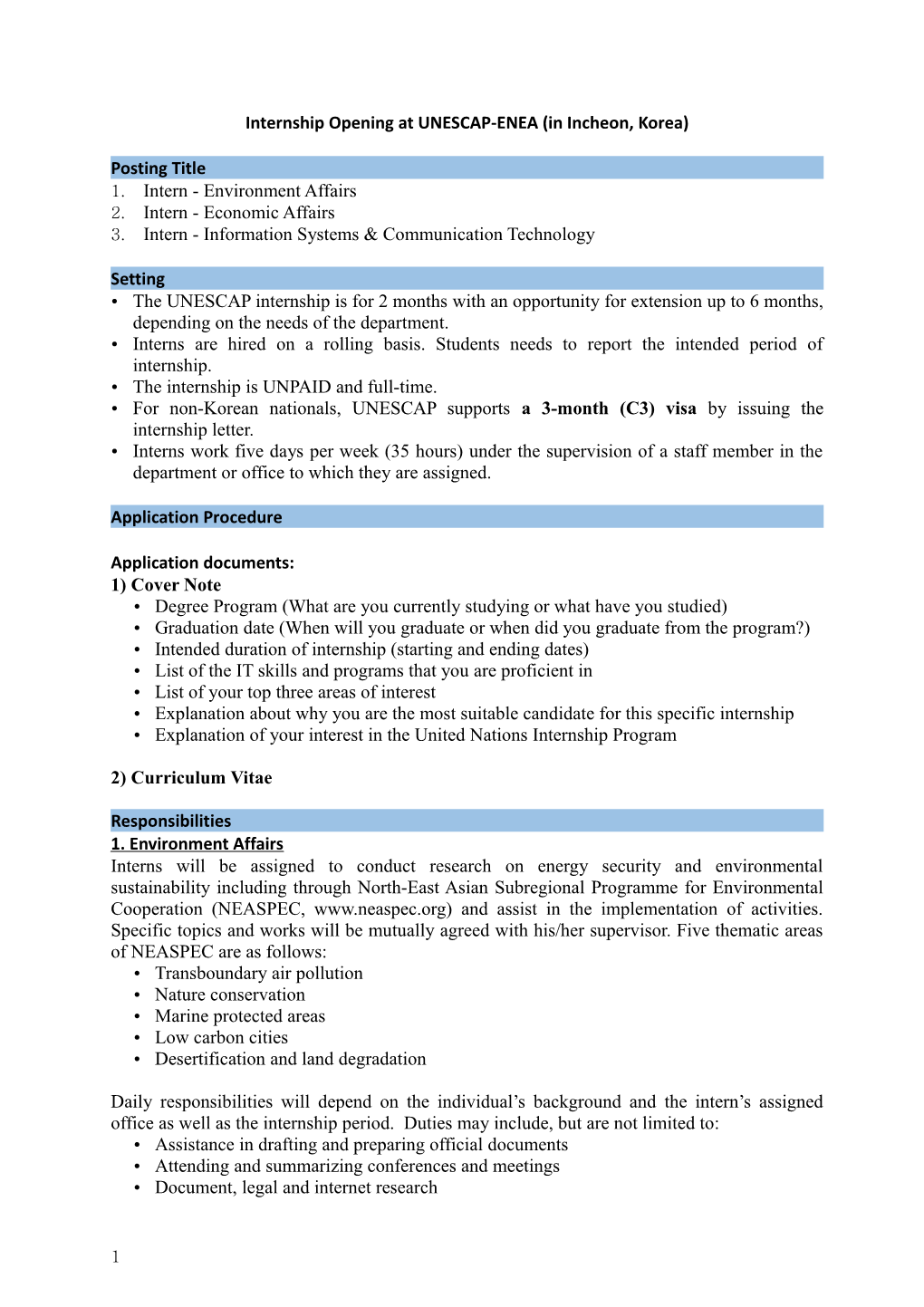 Internship Opening at UNESCAP-ENEA (In Incheon, Korea)