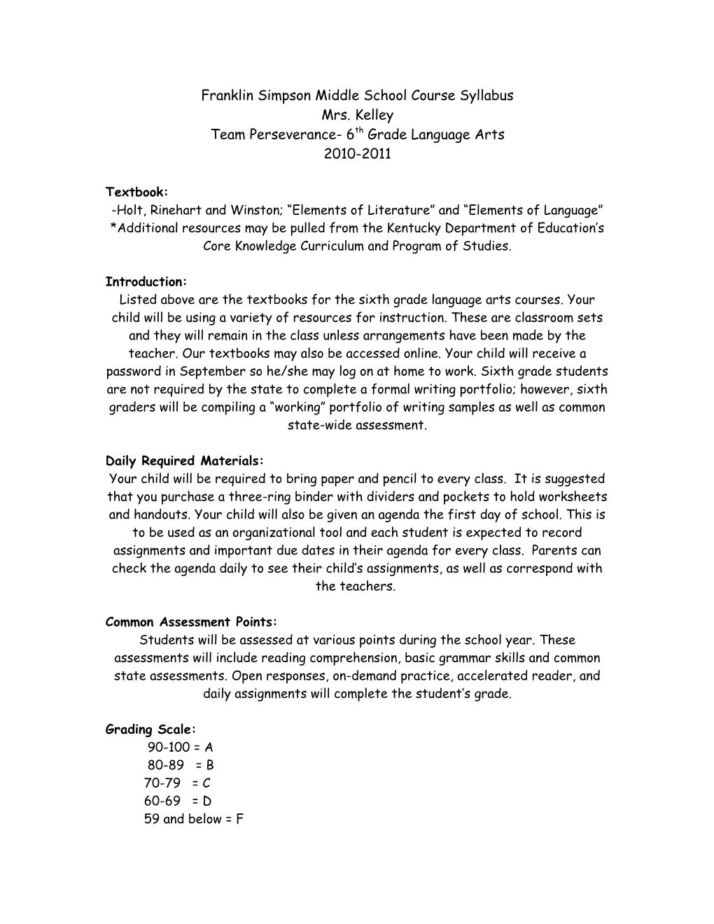 Franklin Simpson Middle School Course Syllabus