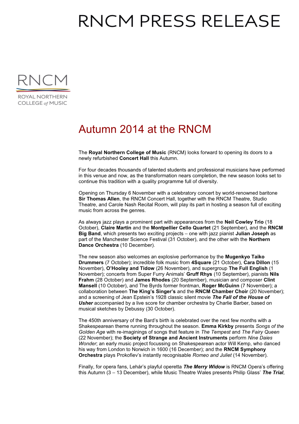 Autumn 2014 at the RNCM