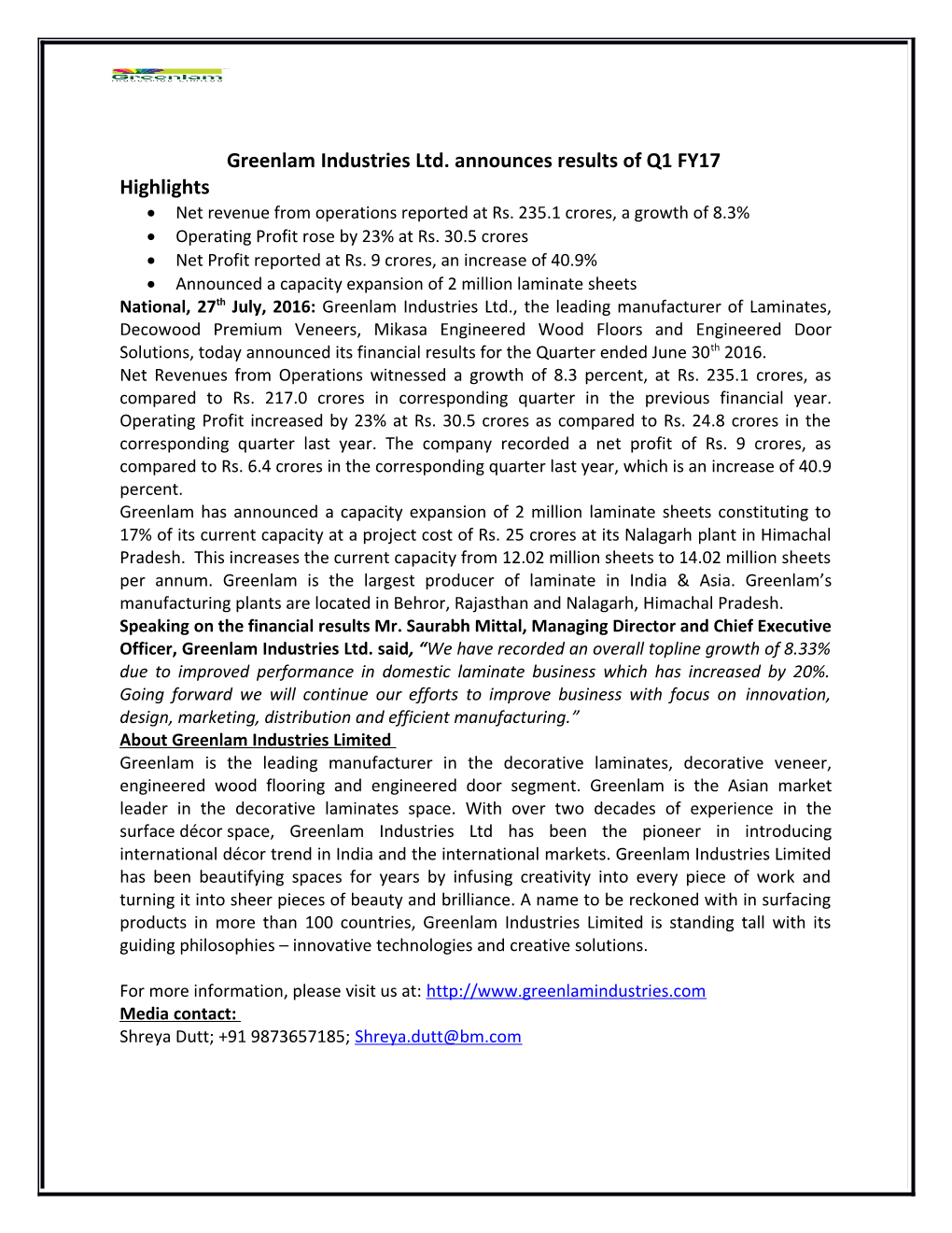 Greenlam Industries Ltd. Announces Results of Q1 FY17