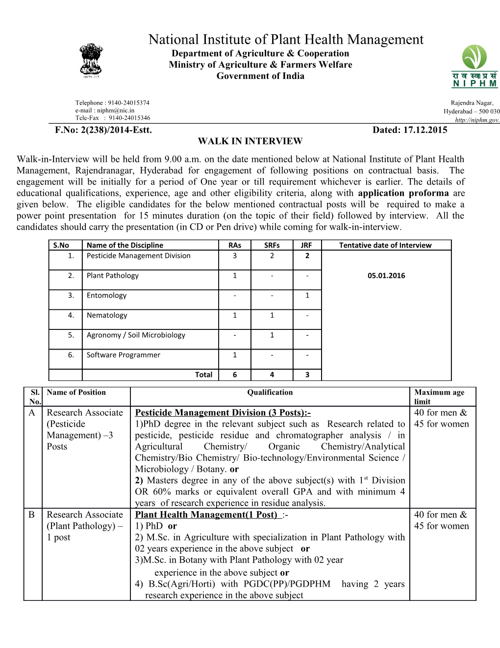 F.No: 2(238)/2014-Estt. Dated: 17.12.2015