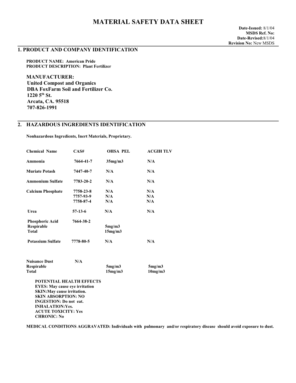 Material Safety Data Sheet s63
