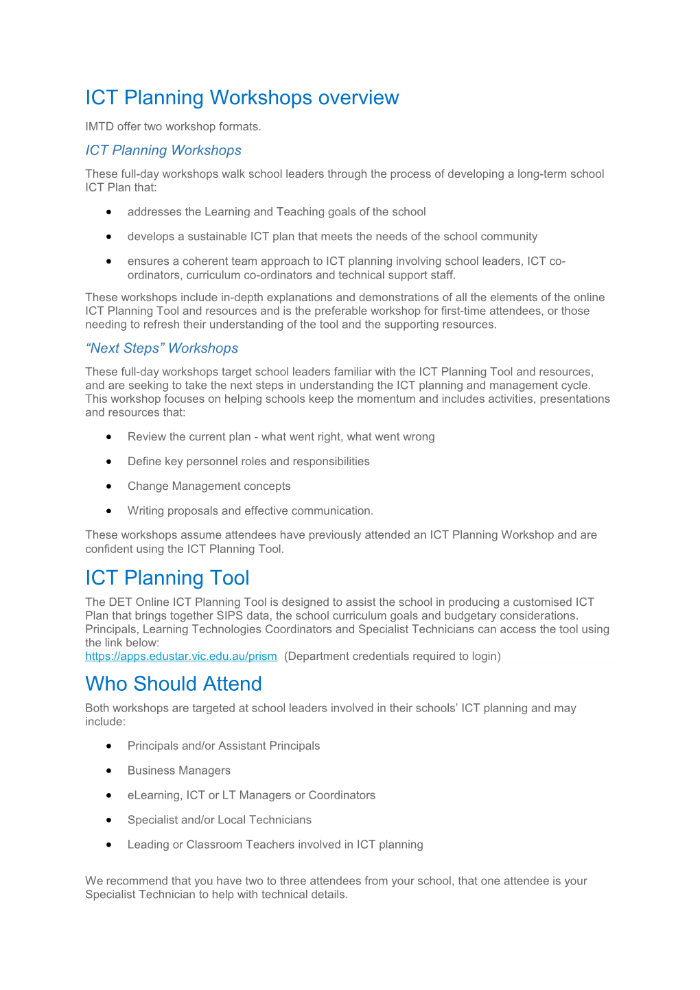 ICT Planning Workshops Overview
